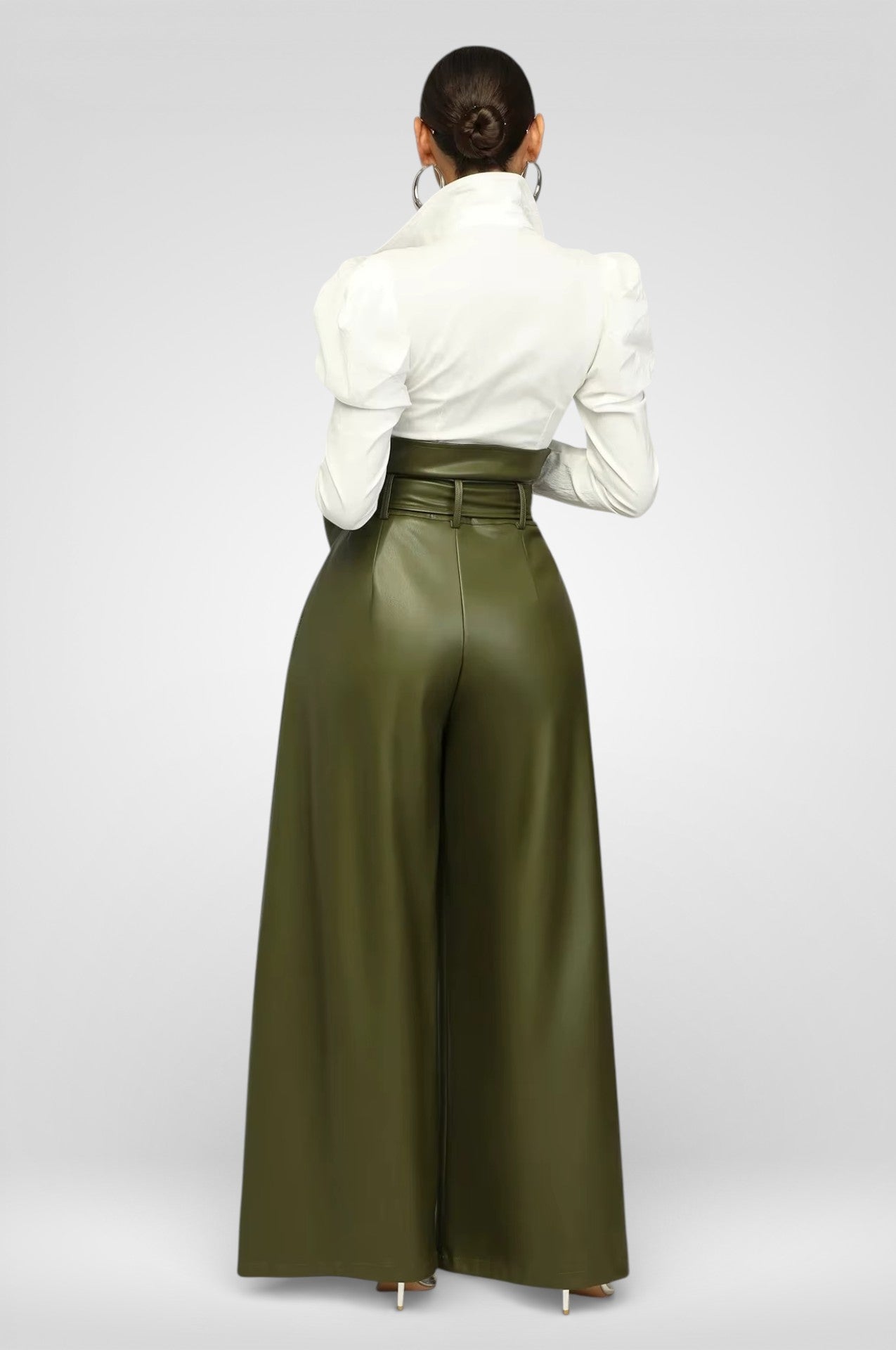 High Waist PU Leather Wide -Green