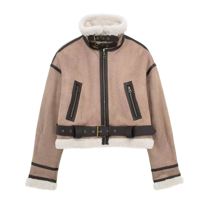 Women’s Sheepskin-Style Thermal Bomber Jacket – Thick Vintage Winter Coat with Sash & Lapel