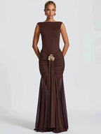 Metal Flower Backless Ruched Maxi Dress