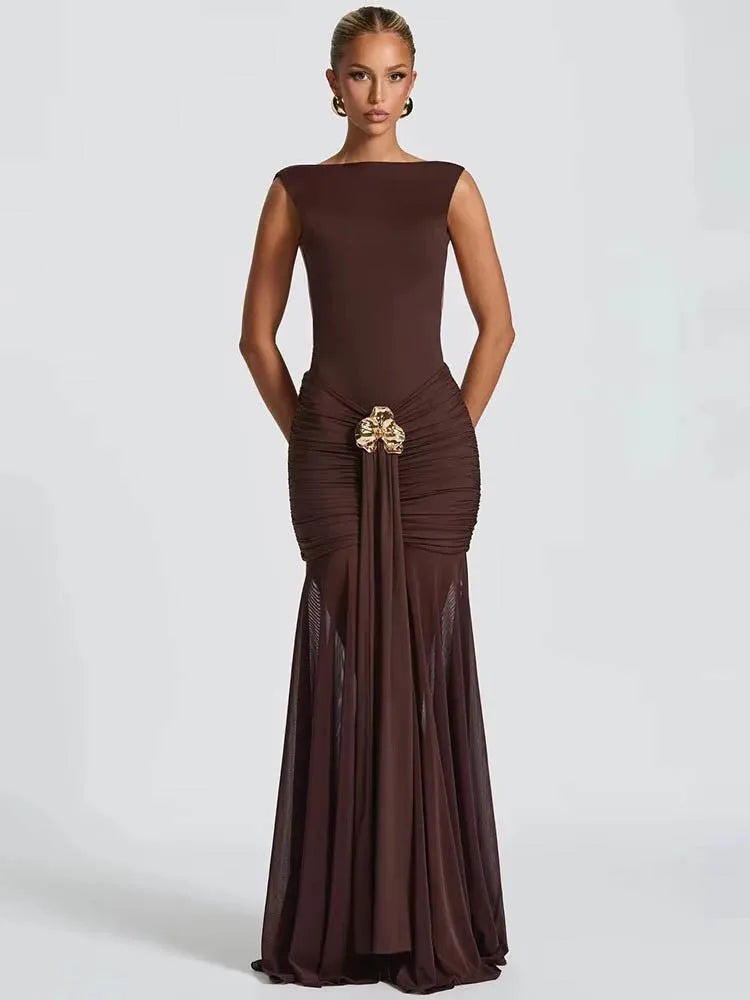 Metal Flower Backless Ruched Maxi Dress