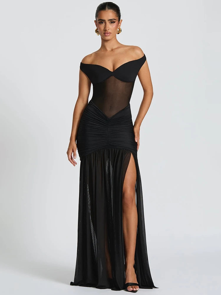 Off-Shoulder Halter Split Maxi Dress