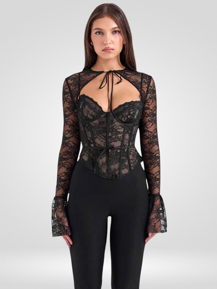 Sheer Lace Flare Sleeve Club Top
