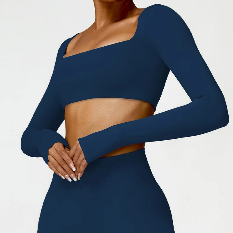 Seamless Square Neck Gym Top – Long Sleeve Compression Crop