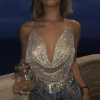 Rhinestone Chainmail Halter Top – Backless Metallic Drape Style