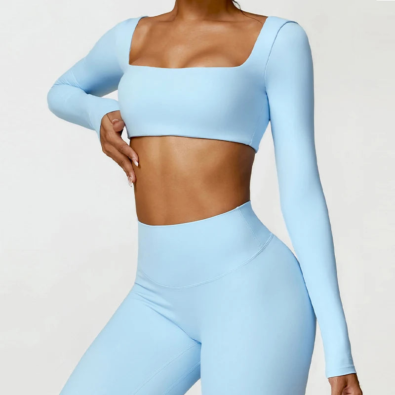 Seamless Square Neck Gym Top – Long Sleeve Compression Crop