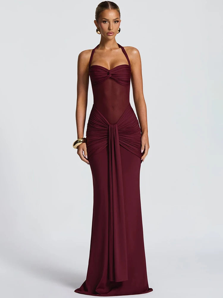 Ruched Halter Off-Shoulder Maxi Dress