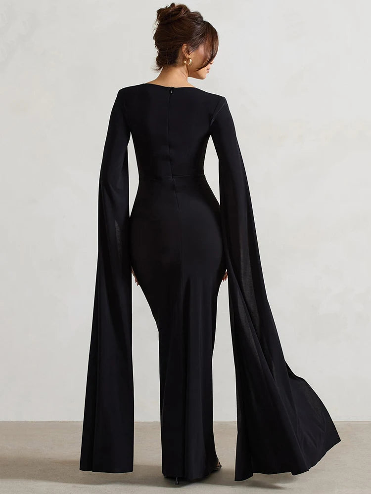 Elegant Long Cape Sleeve Maxi Dress