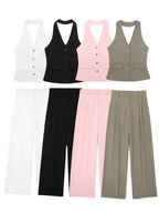 Women’s 2-Piece Office Set – Halter Vest Top & High Waist Wide-Leg Pants with Pockets