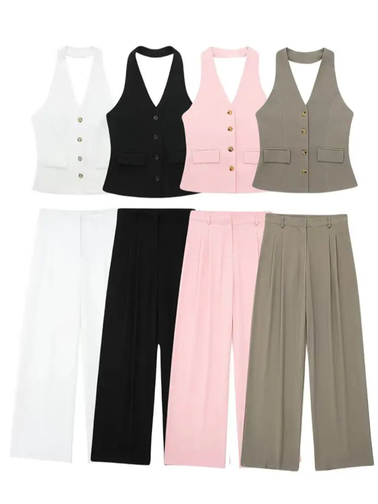 Women’s 2-Piece Office Set – Halter Vest Top & High Waist Wide-Leg Pants with Pockets