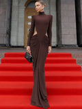 Turtleneck Long Sleeve Sexy Maxi Dress – Elegant Hollow Out Ruched Clubwear