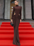 Turtleneck Long Sleeve Sexy Maxi Dress – Elegant Hollow Out Ruched Clubwear