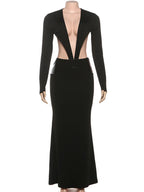 Maxikleid mit tiefem V-Ausschnitt, rückenfrei und figurbetont 