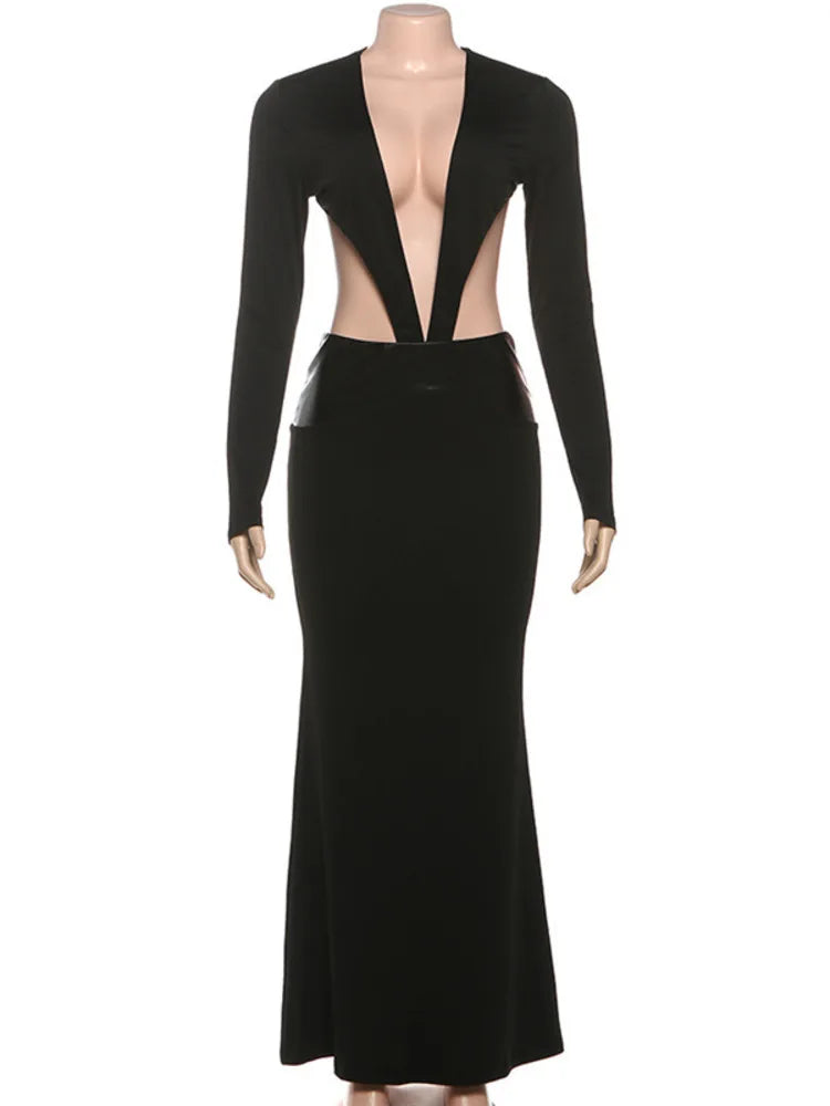 Maxikleid mit tiefem V-Ausschnitt, rückenfrei und figurbetont 