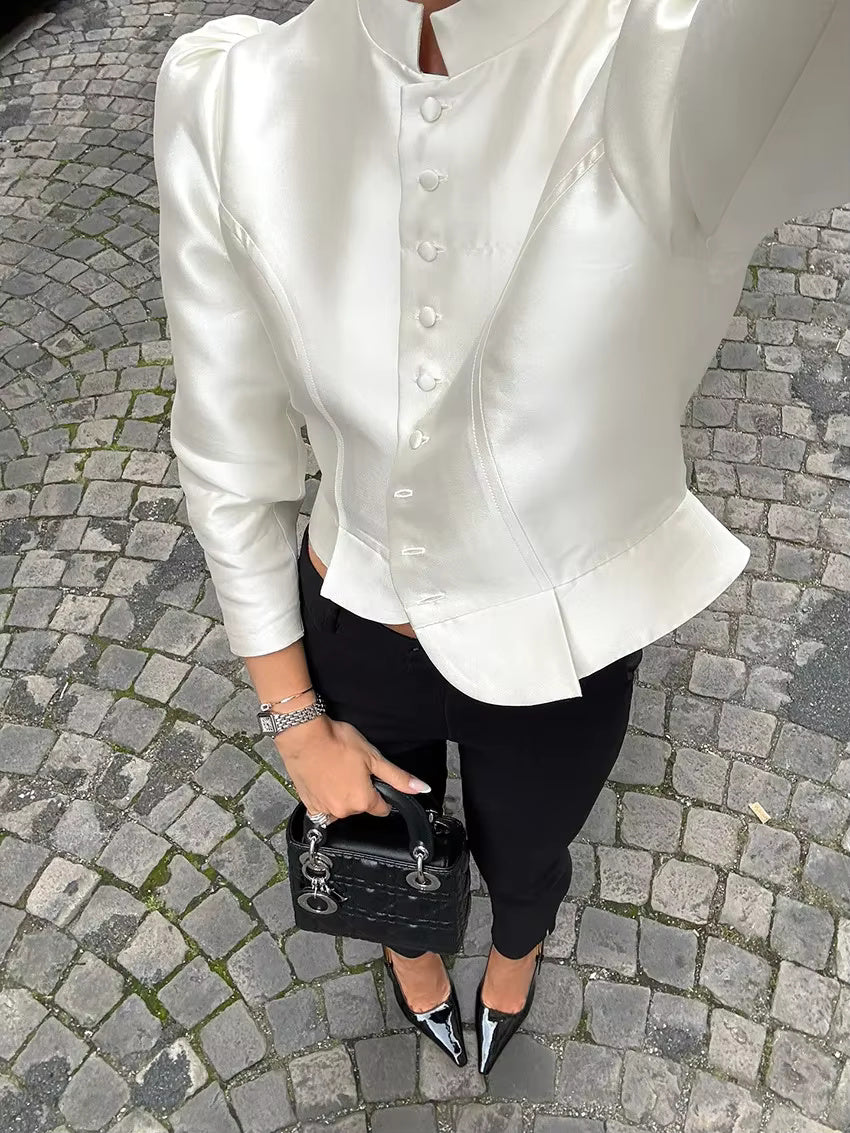 Strukturierte Satin-Schößchenbluse – Weiß