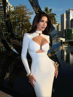 Women's Cut-Out Turtleneck Midi Dress – V-Neck Long Sleeve Column Gown