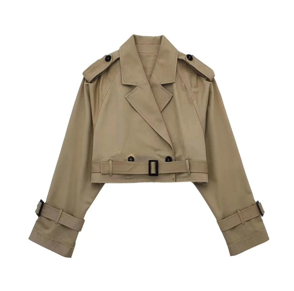 Women’s Cropped Double-Breasted Windbreaker – Retro Belted Streetwear Trench Jacket