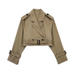 Women’s Cropped Double-Breasted Windbreaker – Retro Belted Streetwear Trench Jacket