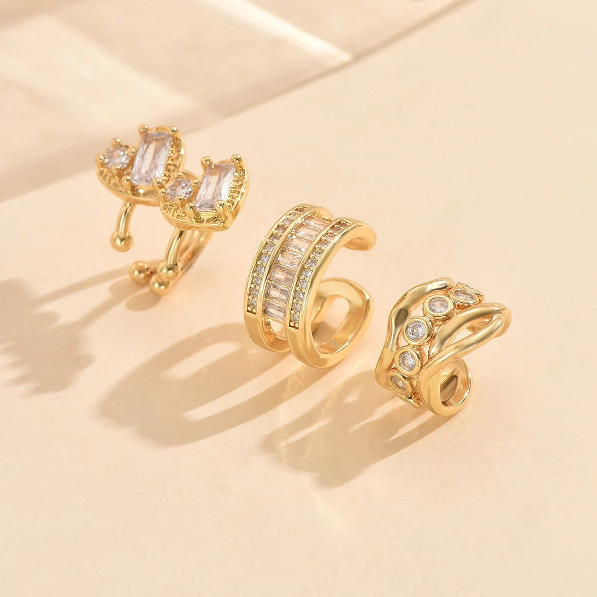 3pcs Gold Zircon Clip-On Earrings Set for Women – Non-Piercing Cuff Style, Trendy Geometric Design