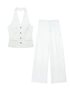 Women’s 2-Piece Office Set – Halter Vest Top & High Waist Wide-Leg Pants with Pockets