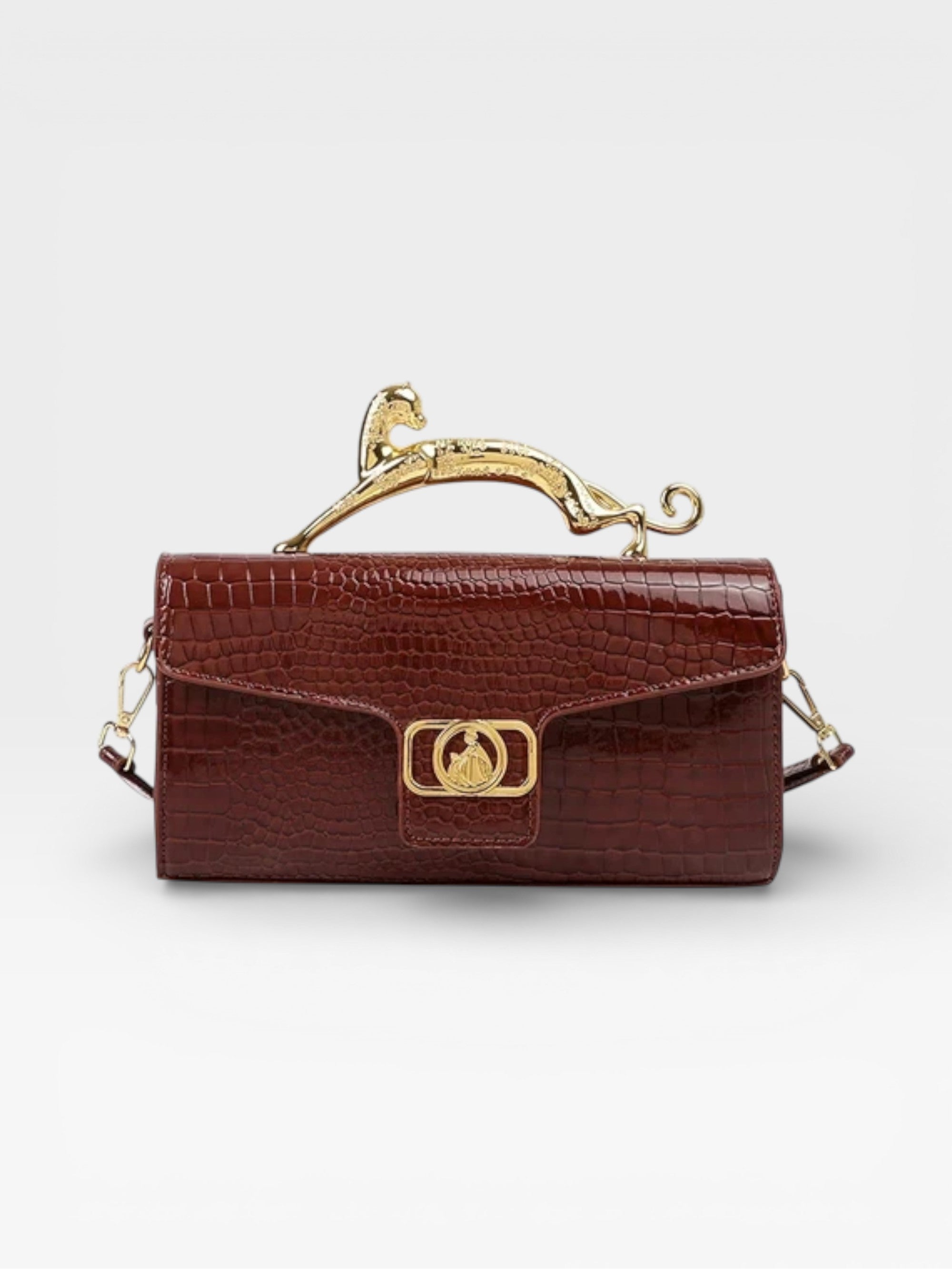 Croc-Embossed Luxe Bag with Golden Panther Handle
