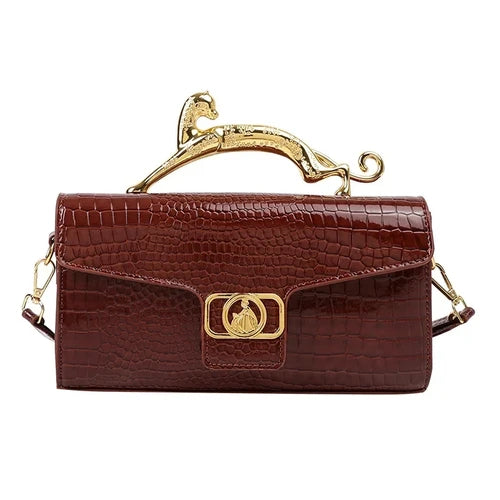 Croc-Embossed Luxe Bag with Golden Panther Handle
