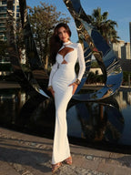 Women's Cut-Out Turtleneck Midi Dress – V-Neck Long Sleeve Column Gown