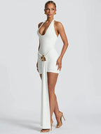 Metal Flower Halter Mini Dress – Sexy Ruched Backless Club Dress for Women