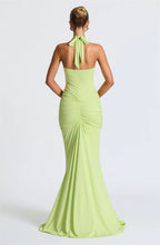 Deep V-Neck Ruched Maxi Dress – Backless Halter Club Dress for Women
