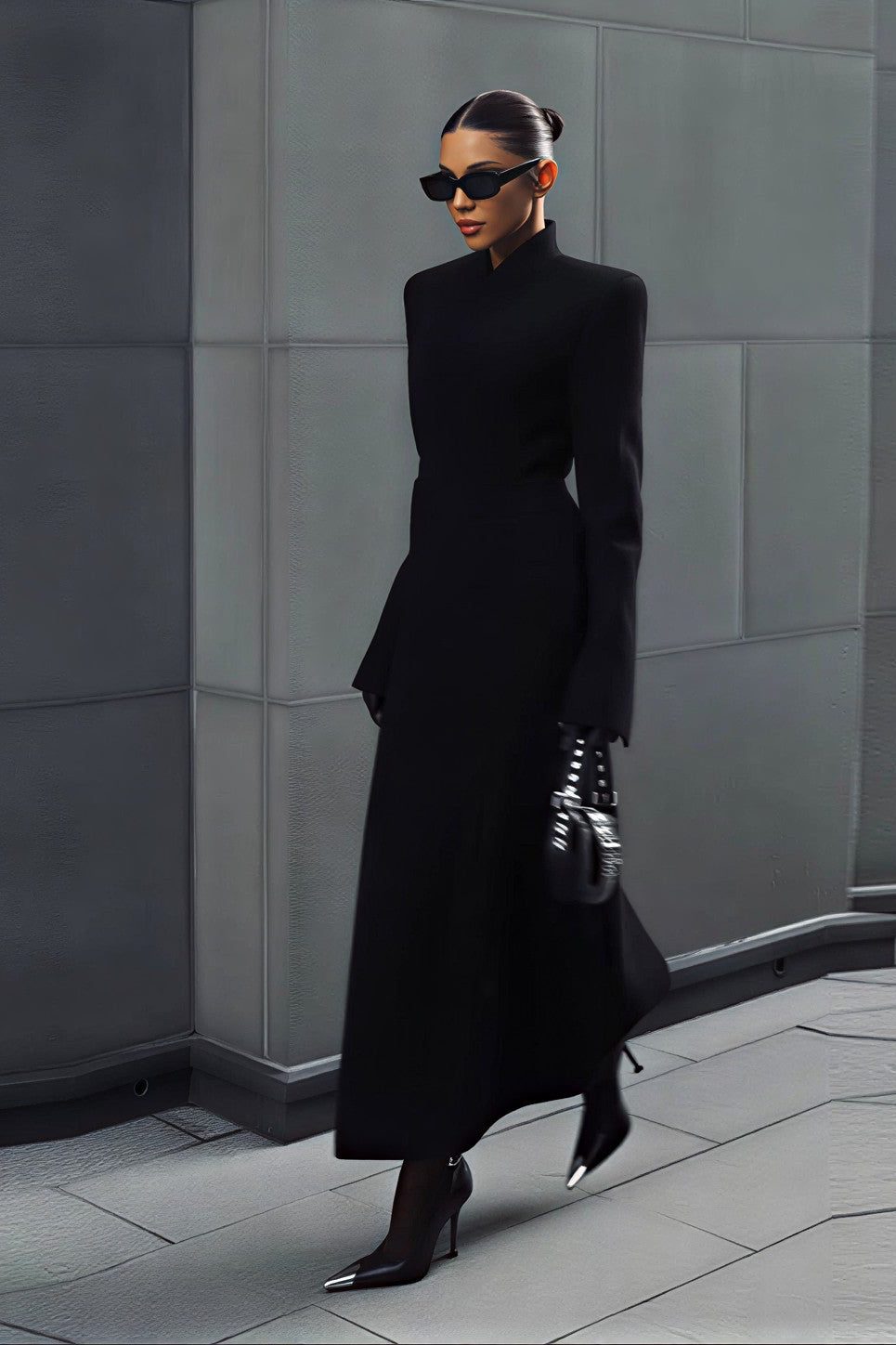 Eleganter, taillierter, schmal geschnittener langer Mantel mit V-Ausschnitt. 