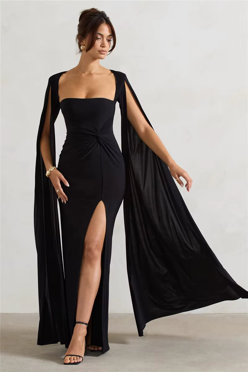 Elegant Long Cape Sleeve Maxi Dress