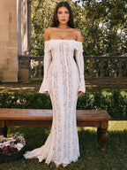 White Lace Off-Shoulder Maxi Dress – Elegant Backless Long Sleeve Gown