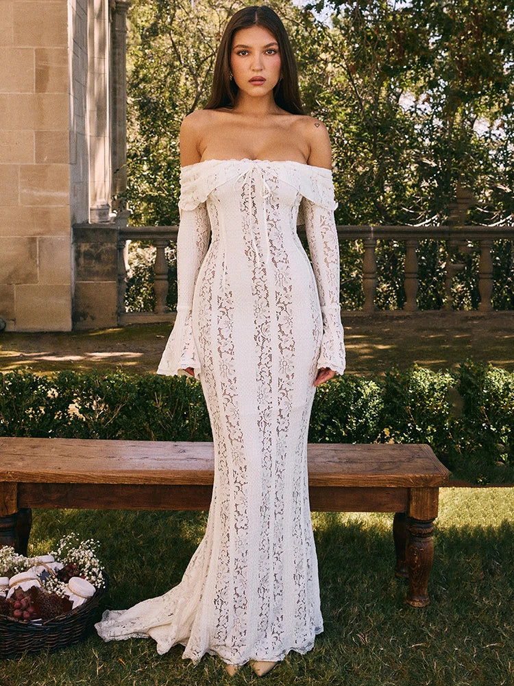 White Lace Off-Shoulder Maxi Dress – Elegant Backless Long Sleeve Gown