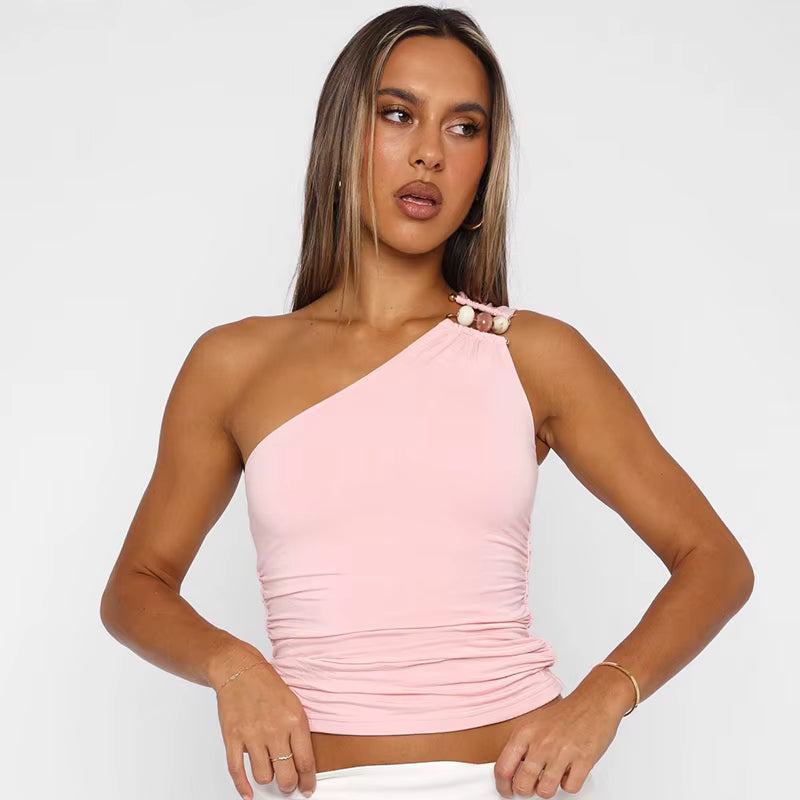 One-Shoulder Ruched Top – Beaded Strap Detail