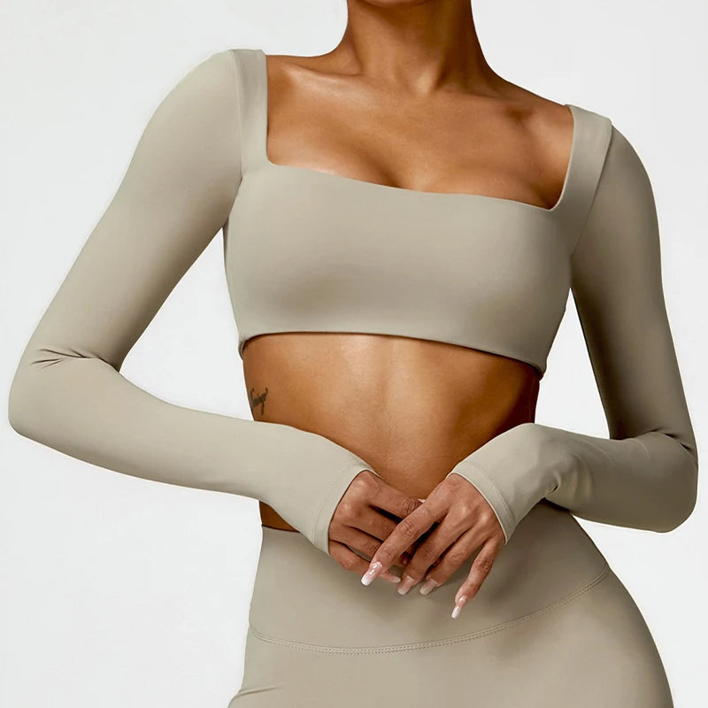 Seamless Square Neck Gym Top – Long Sleeve Compression Crop