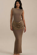 Sleeveless Ruched Bodycon Maxi Dress – Elegant High Waist Club Gown