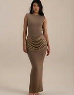 Sleeveless Ruched Bodycon Maxi Dress – Elegant High Waist Club Gown