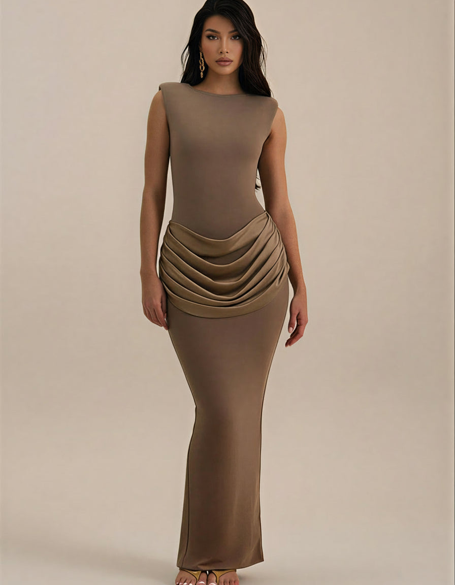 Sleeveless Ruched Bodycon Maxi Dress – Elegant High Waist Club Gown
