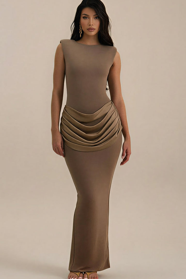 Sleeveless Ruched Bodycon Maxi Dress – Elegant High Waist Club Gown