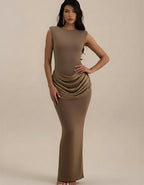 Sleeveless Ruched Bodycon Maxi Dress – Elegant High Waist Club Gown