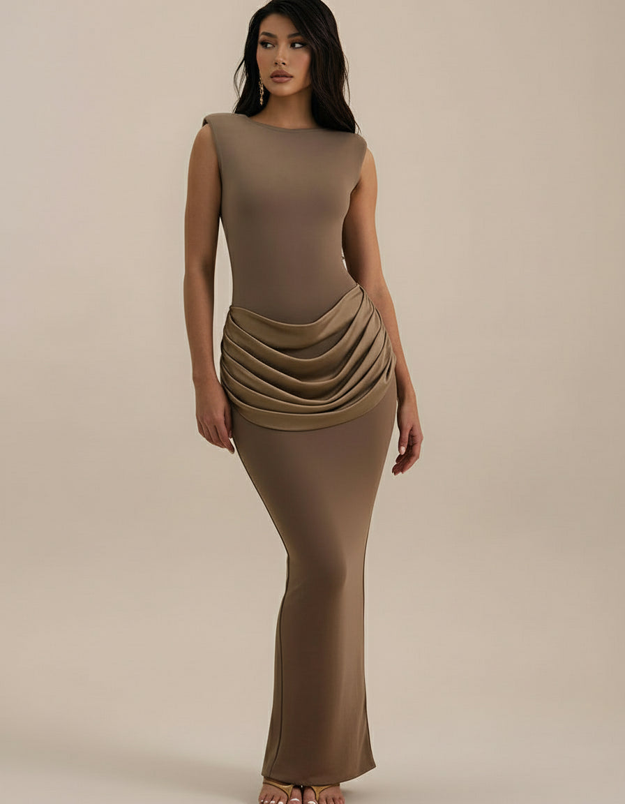 Sleeveless Ruched Bodycon Maxi Dress – Elegant High Waist Club Gown