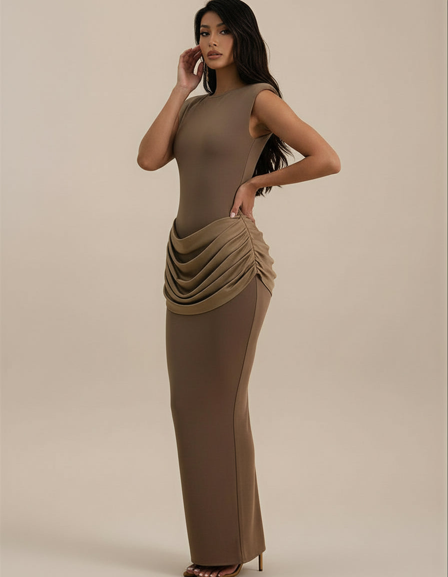 Sleeveless Ruched Bodycon Maxi Dress – Elegant High Waist Club Gown