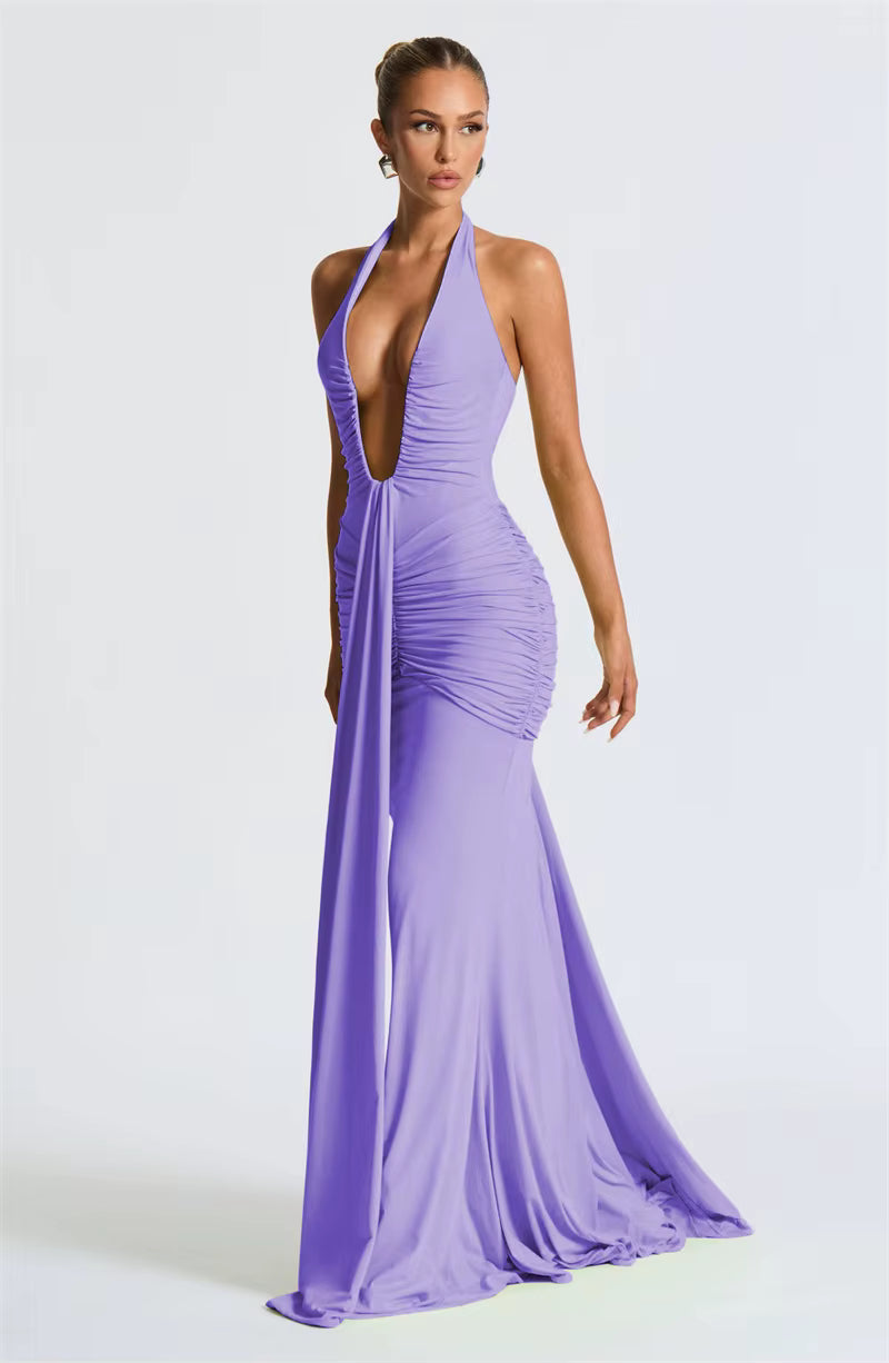 Deep V-Neck Ruched Maxi Dress – Backless Halter Club Dress for Women