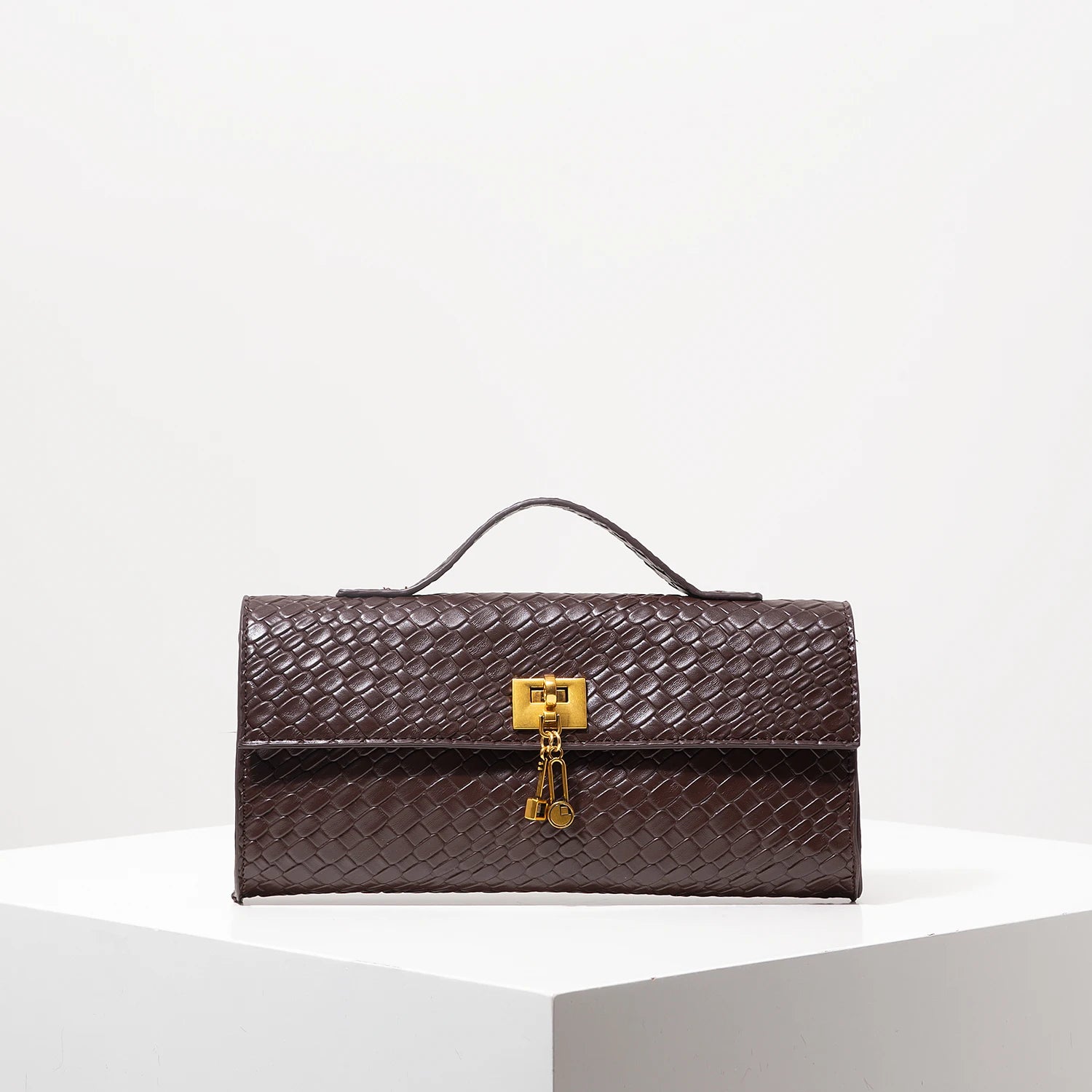 Woven Burgundy Baguette Clutch with Gold Lock
