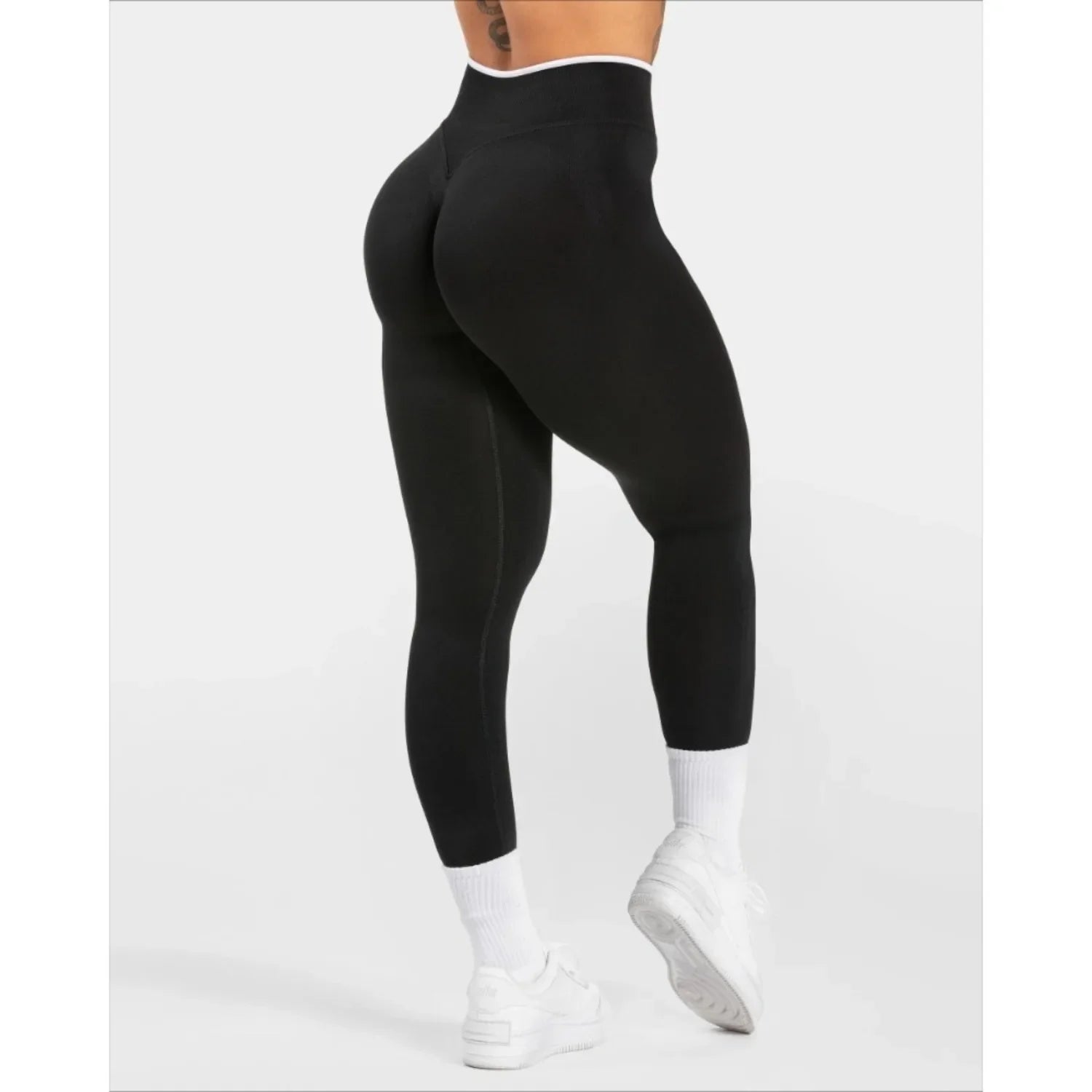Seamless High-Waist Sports Leggings – Hip-Lifting Solid Color Yoga Pants with White Edge Waist
