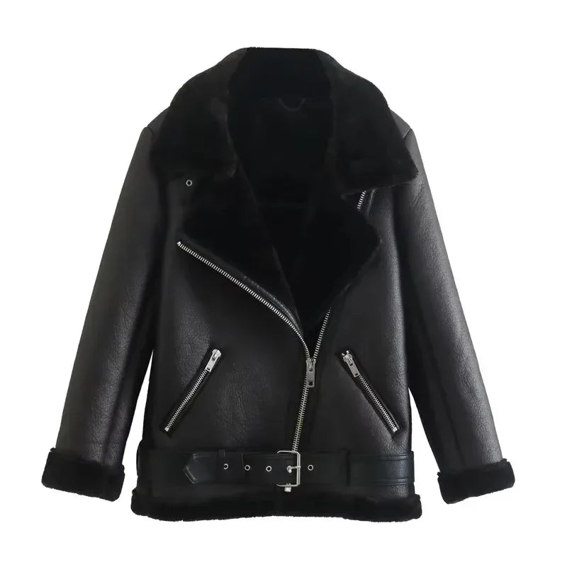 Women’s Belted Moto Jacket –  Fur Lined for Winter