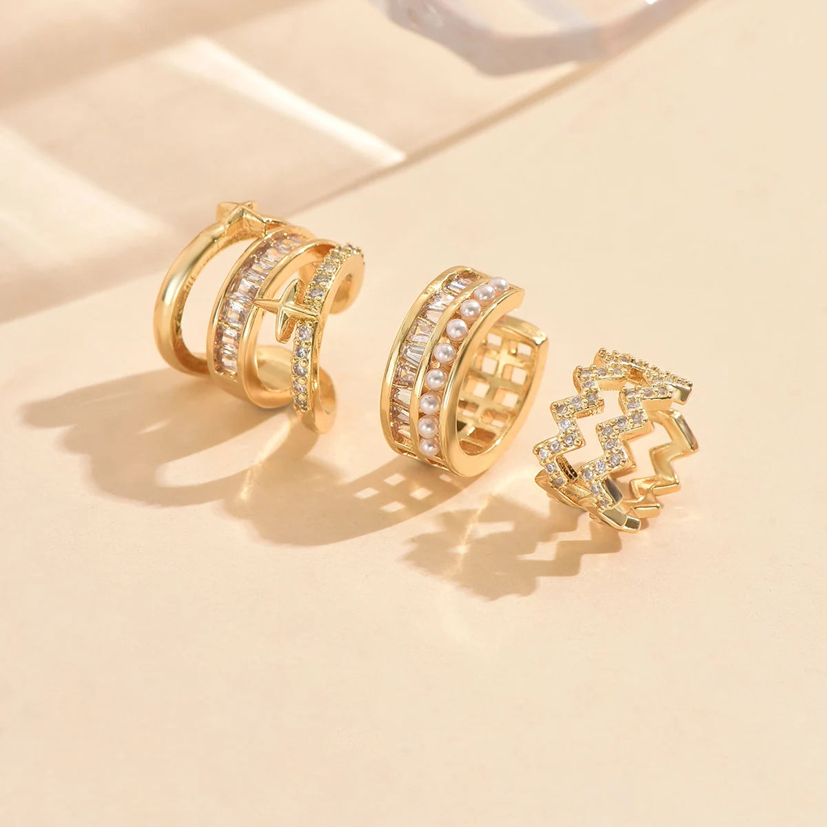 3pcs Gold Zircon Clip-On Earrings Set for Women – Non-Piercing Cuff Style, Trendy Geometric Design