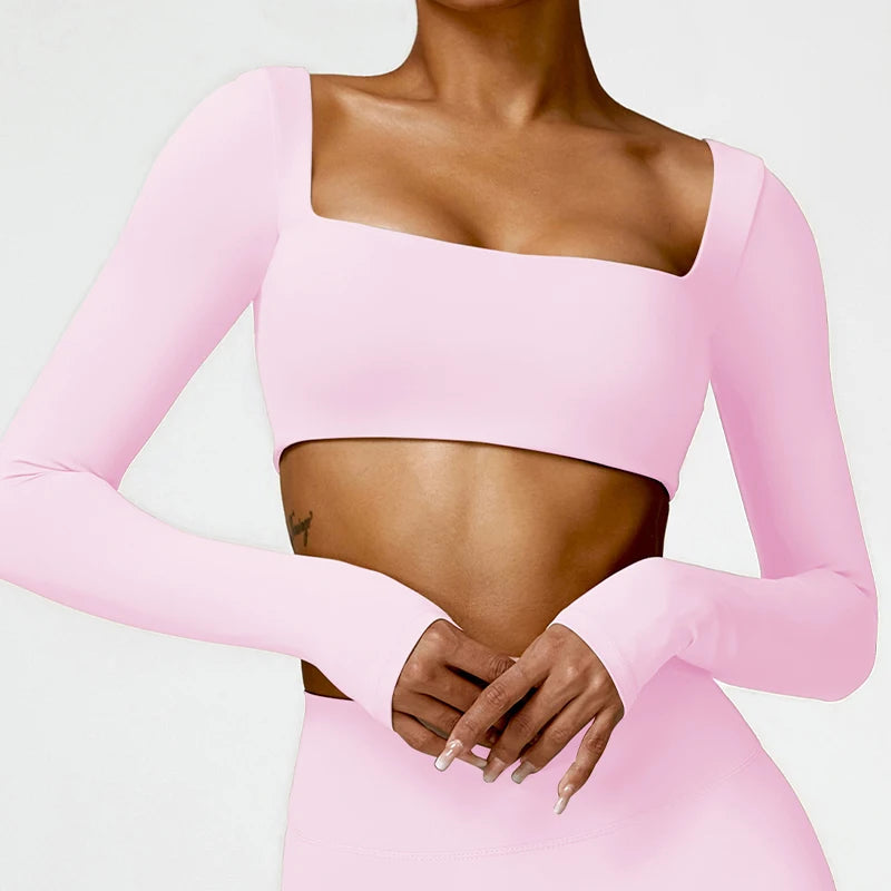 Seamless Square Neck Gym Top – Long Sleeve Compression Crop