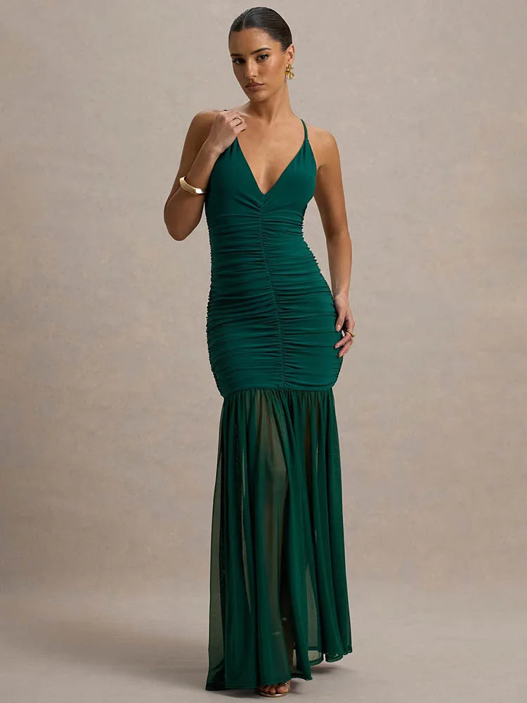 Backless Pleated Spaghetti Strap Maxi Dress – Elegant Ruched V-Neck Gown