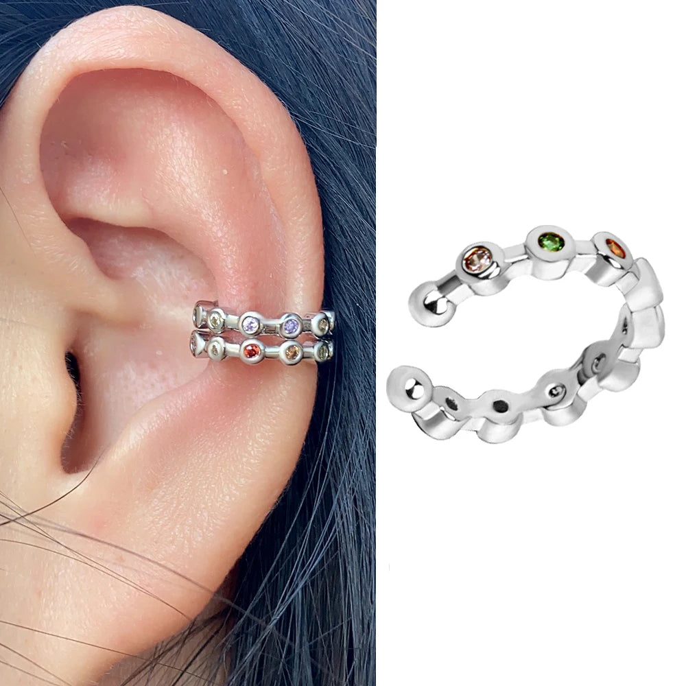 1pc Rainbow CZ Clip-On Ear Cuff – Non-Piercing Geometric Wrap Earring for Women & Girls