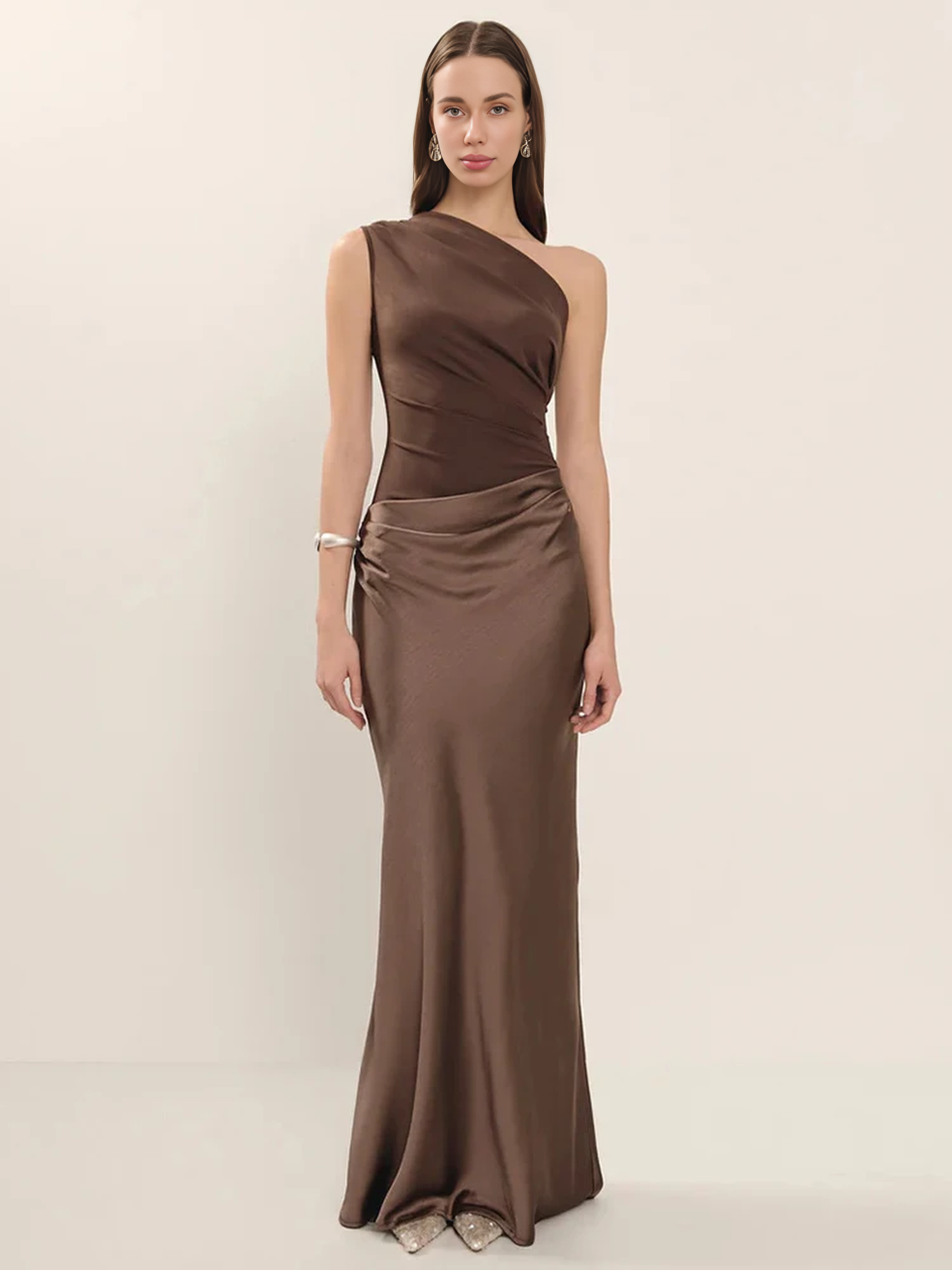 Satin One-Shoulder Backless Maxi Dress